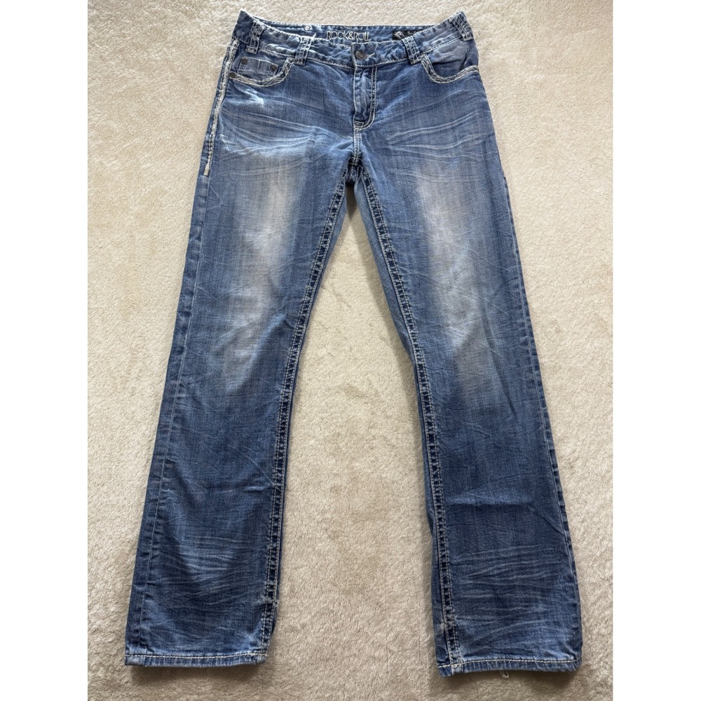 Rock and Roll Cowgirl Womens Boyfriend Distressed Blue Jeans 28x32 Meas: 31x31.5